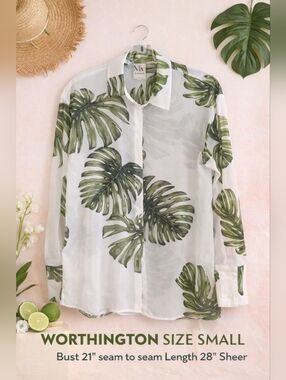 Worthington Sheer Tropical Leaf Blouse Size Small Green White Button Front Light